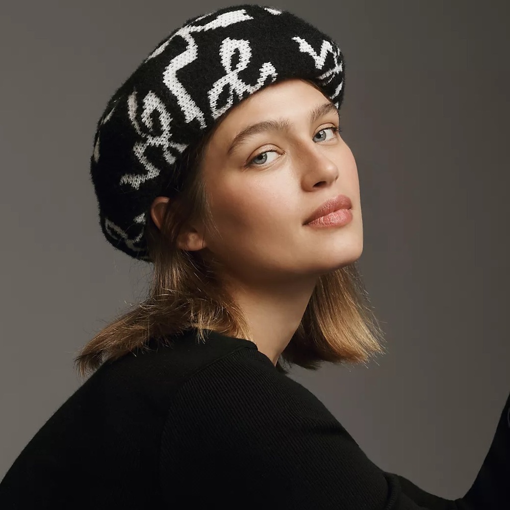 Anthropologie Maeve Black and White Patterned Beret